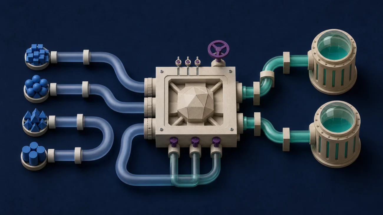 Tactile editorial illustration: A data engineer builds reliable infrastructure that collects, transforms and serves clean data to downstream users without showing invented datasets.