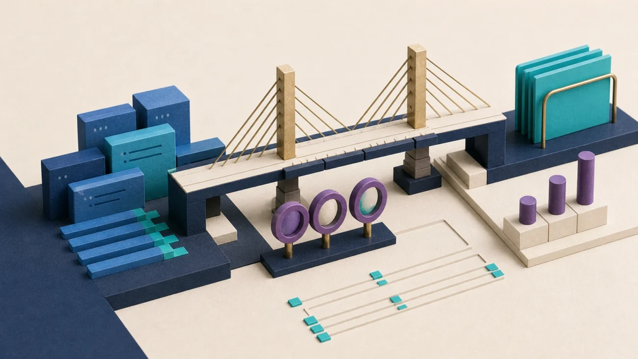 Tactile editorial illustration: An engineering team lead bridges hands-on technical work, delivery flow, code quality and the growth of other engineers without depicting people.