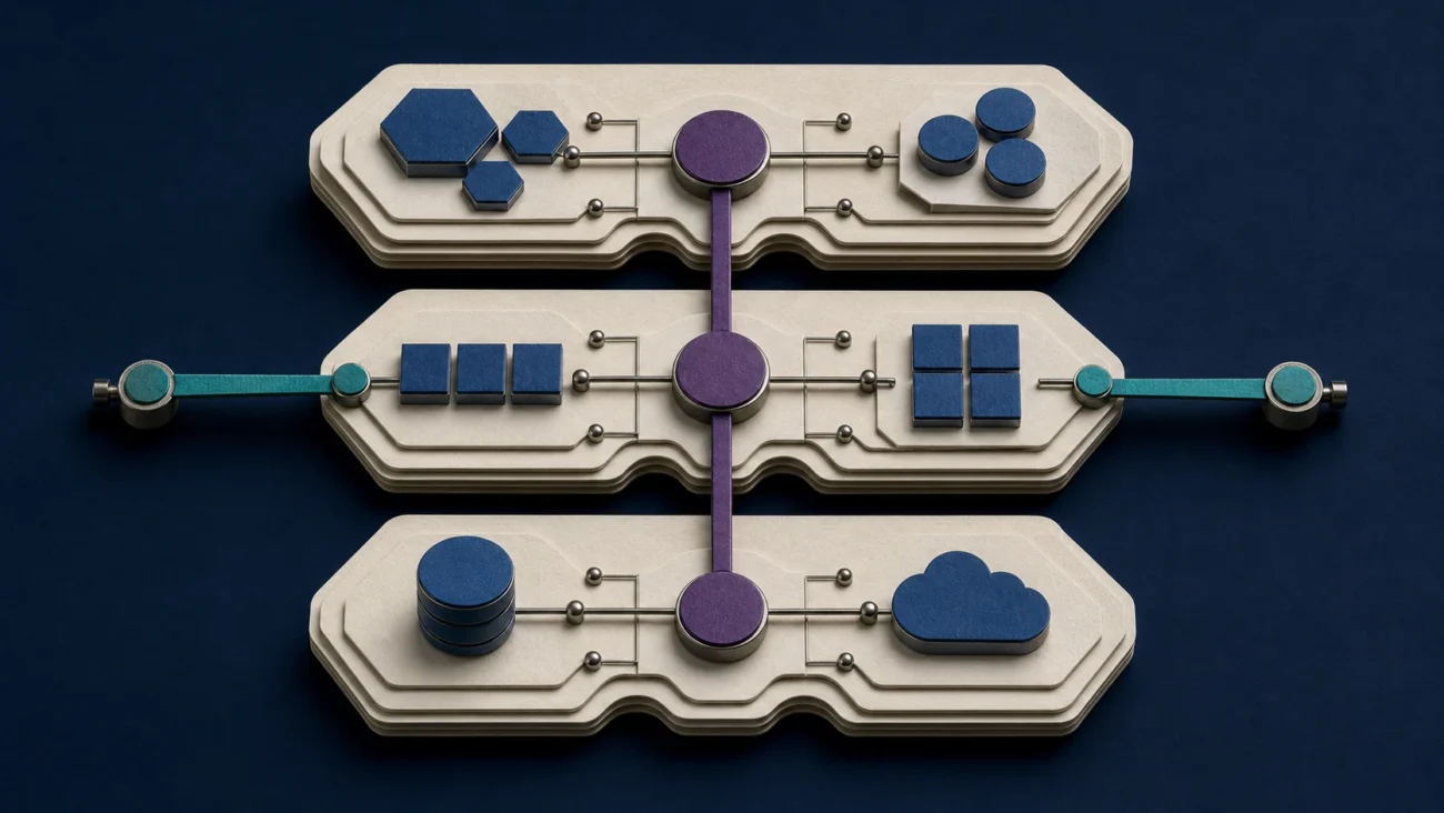 Tactile editorial illustration: An engineering director coordinates several teams, system ownership, delivery capacity and reliability standards across a shared technical platform.