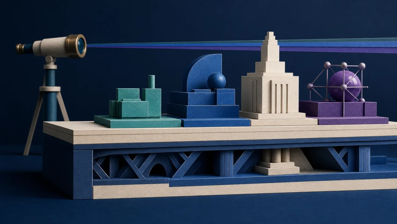 Tactile editorial illustration: A VP of Engineering or CTO aligns architecture, technology risk, engineering organisation and business direction on one long-range technical foundation.