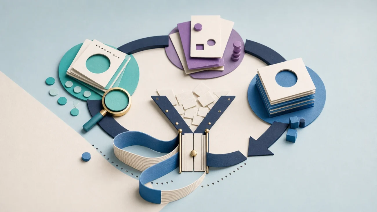 Tactile editorial illustration: A product manager connects customer discovery, prioritisation, delivery and learning in one practical feedback cycle.