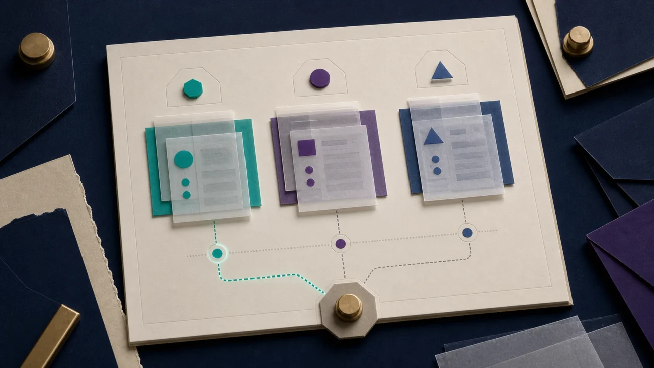 Tactile editorial illustration: A senior product manager balances a portfolio of competing opportunities using evidence, strategic context and delivery constraints, with one weighted decision moving forward.