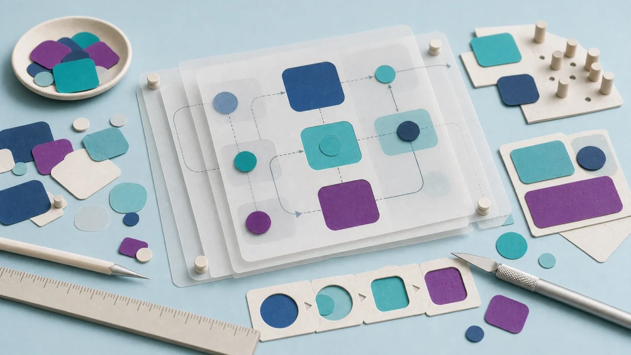 Tactile editorial illustration: A UX/UI designer turns user needs and structural constraints into a coherent interaction system, shown through physical grids and state changes rather than fake screens.