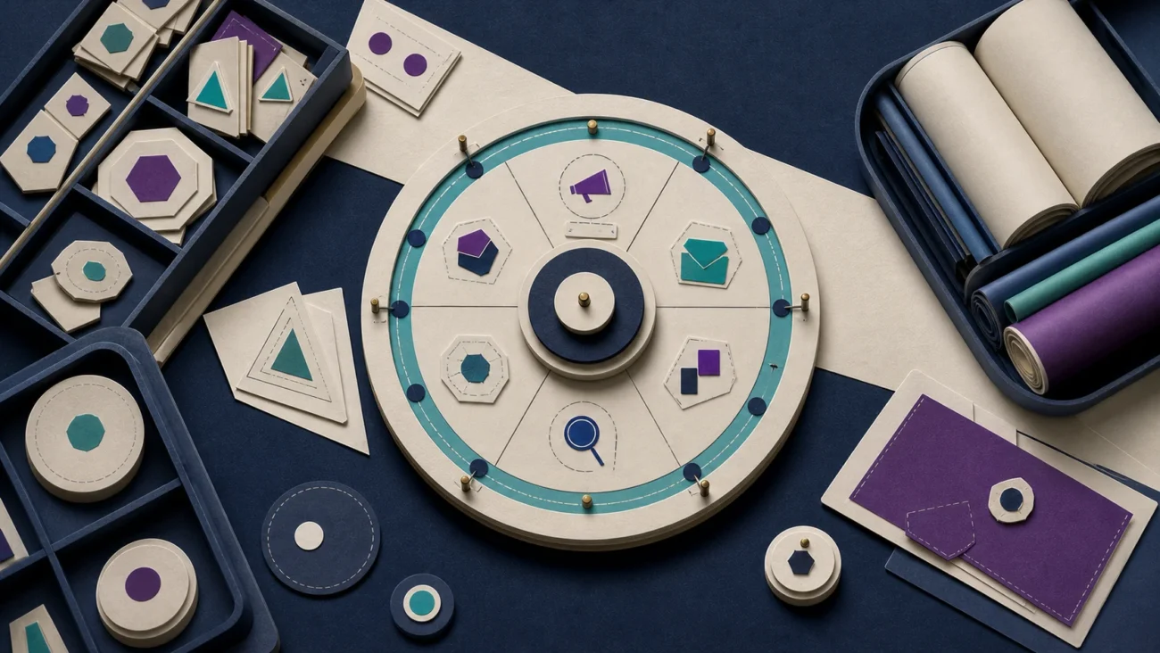 Tactile editorial illustration: A marketing manager coordinates campaign goals, channels, creative production and measurement across one coherent operating calendar without showing dates.