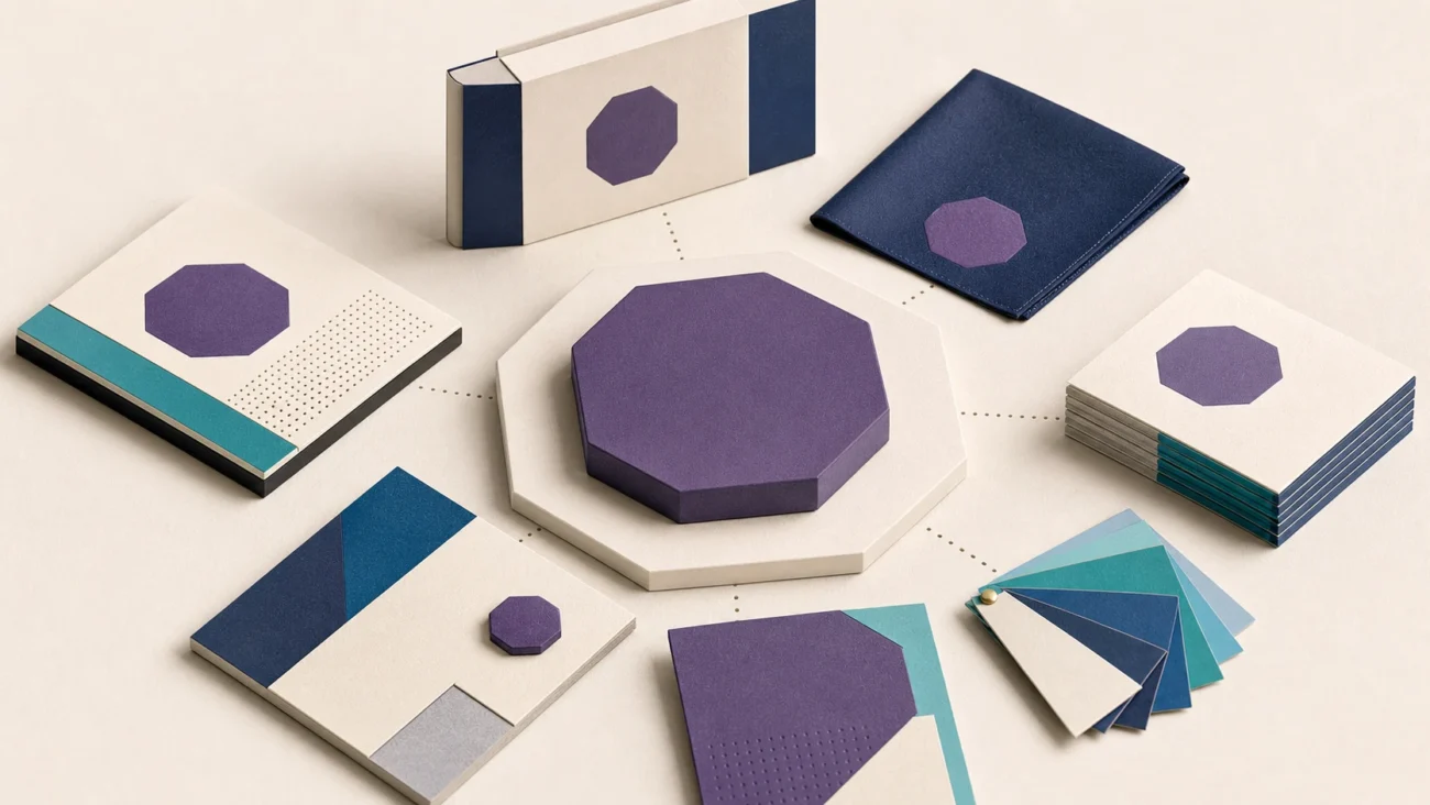 Tactile editorial illustration: A brand manager protects one coherent identity across product, campaign, sales and customer touchpoints without relying on a logo.