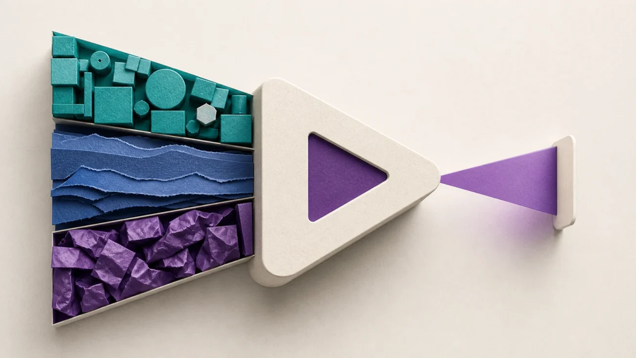 Tactile editorial illustration: A product marketing manager aligns product truth, market context and message into one launch-ready point of view.
