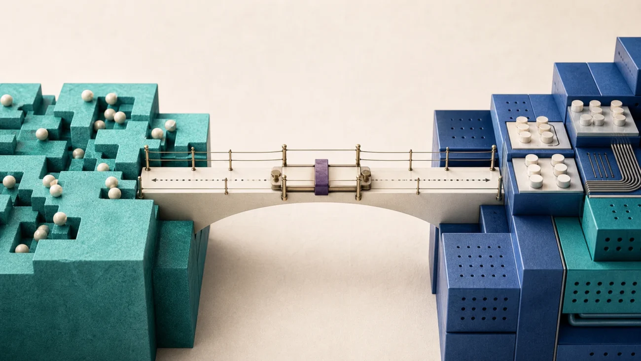 Tactile editorial illustration: A sales engineer bridges a specific customer problem to product architecture, translating requirements in both directions without becoming either side.