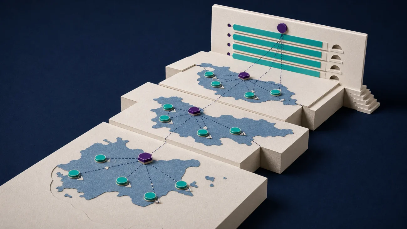 Tactile editorial illustration: A sales director coordinates several sales teams and territories through consistent process, forecast gates and leadership layers.