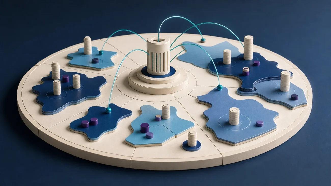 Tactile editorial illustration: A VP of Sales designs the revenue architecture across segments, territories, leadership capacity and forecast confidence rather than managing individual deals.