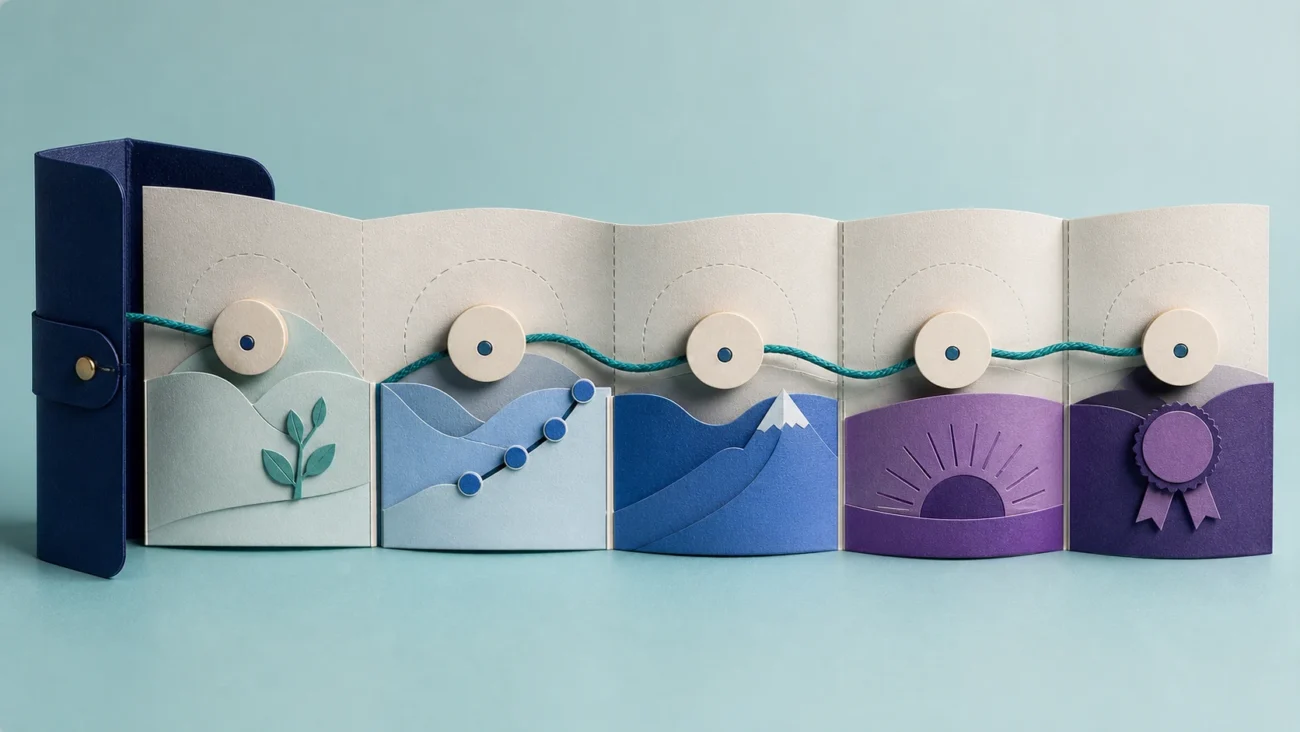 Tactile editorial illustration: A customer-success manager guides one account through onboarding, adoption, value realisation and renewal using a practical lifecycle kit.