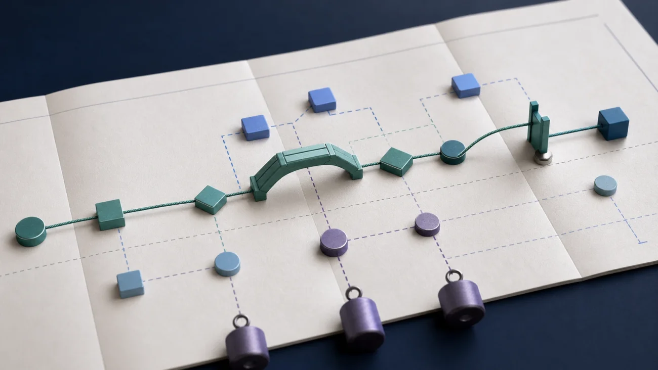 Tactile editorial illustration: A project or program manager turns dependencies, resources and risks into a workable critical path, shown as a physical construction plan under tension.