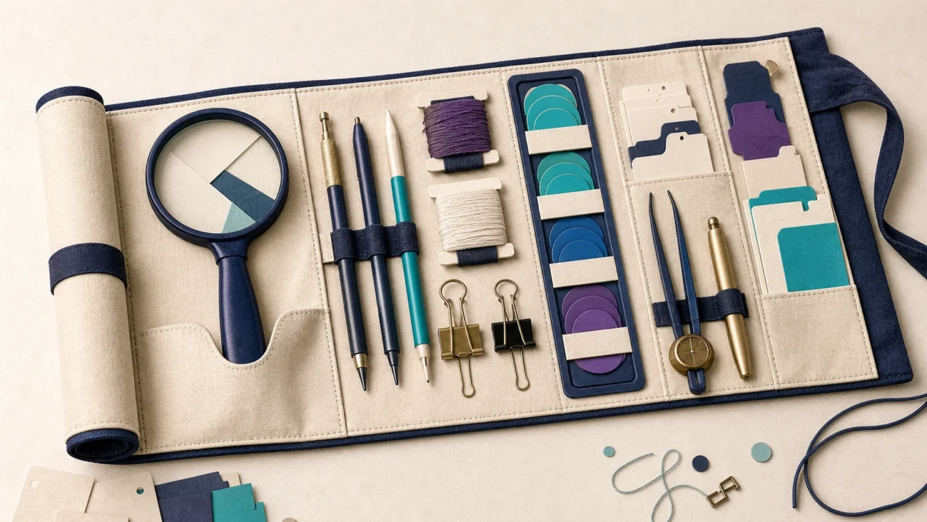 Tactile editorial illustration: A recruiter’s full-cycle craft is represented by a portable field kit for role intake, sourcing, assessment, coordination and closing.