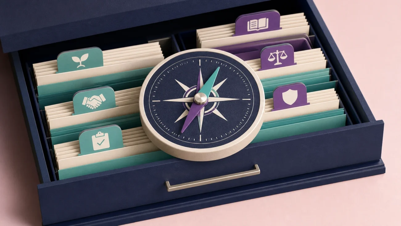 Tactile editorial illustration: An HR manager maintains the employee lifecycle through clear policy, onboarding, manager support, case handling and workforce records, without depicting employees.