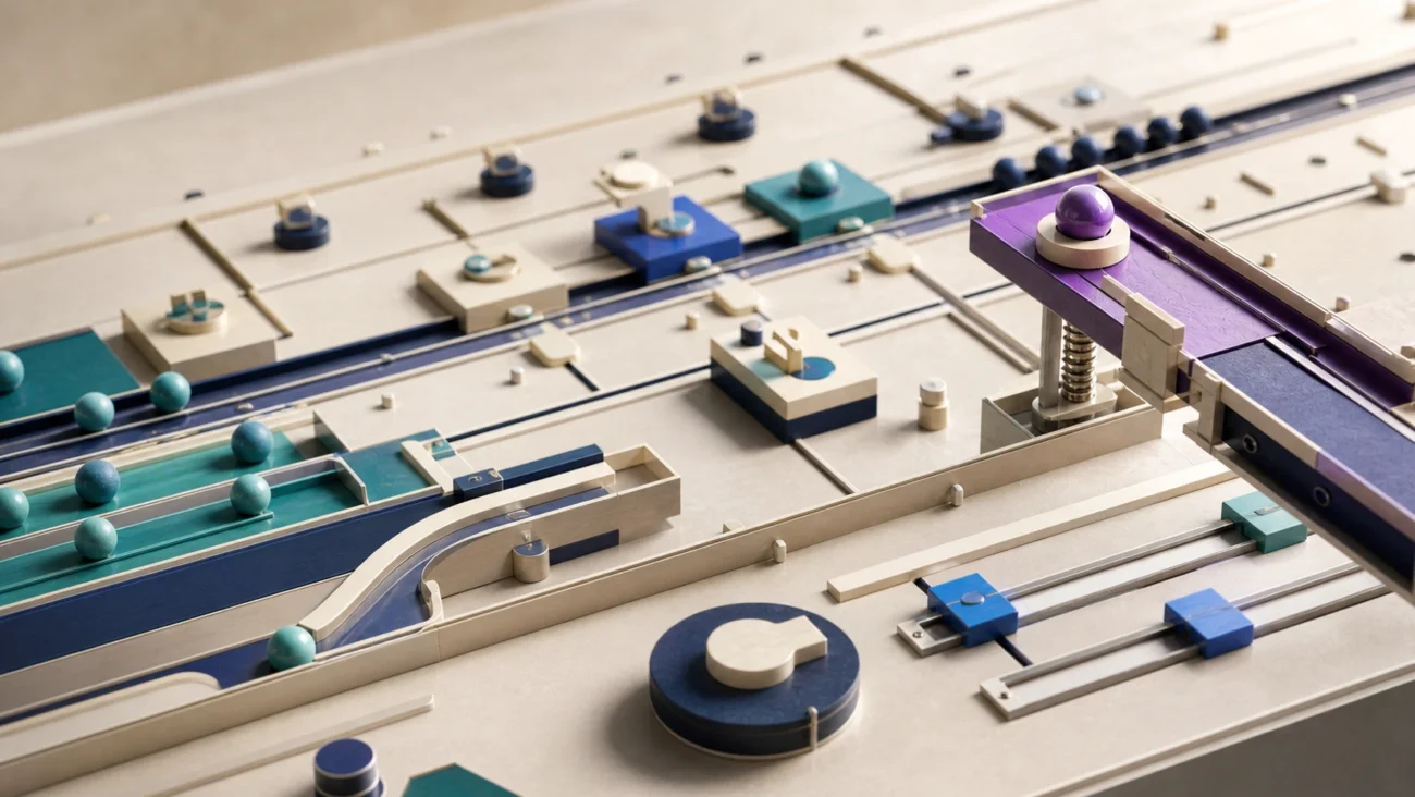 Tactile editorial illustration: An operations manager keeps many everyday handoffs moving by tuning one physical workflow table of requests, owners, queues and exceptions.
