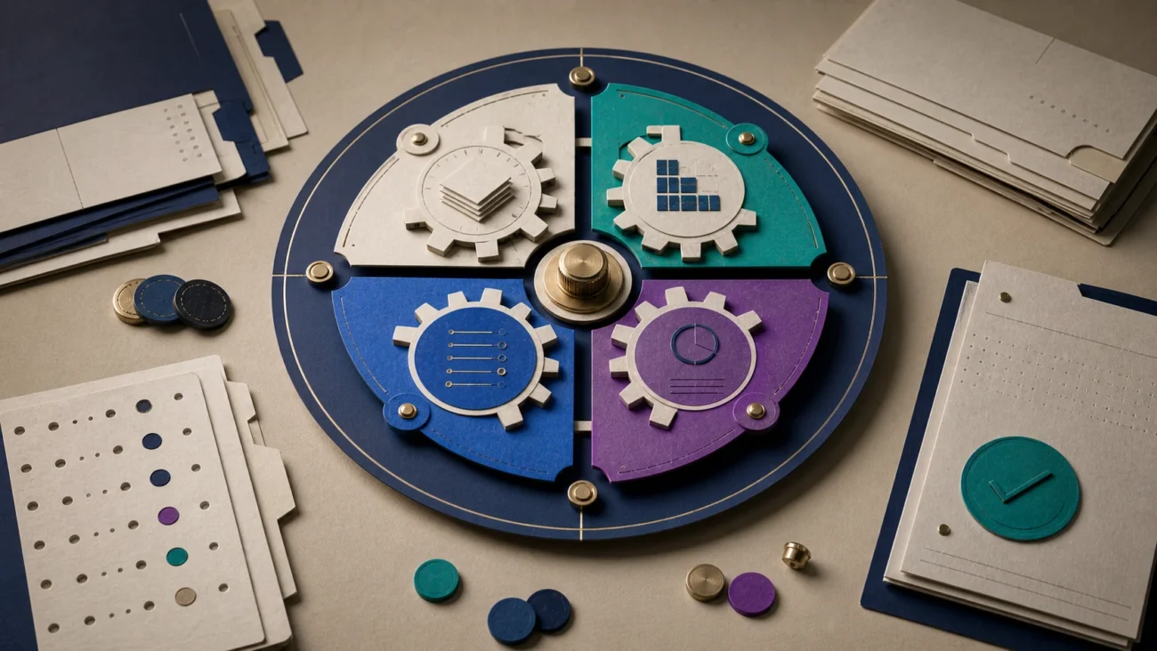 Tactile editorial illustration: A staff accountant’s work follows a complete accounting cycle from source documents through entries, reconciliation and close, shown as a robust rotary desk instrument.