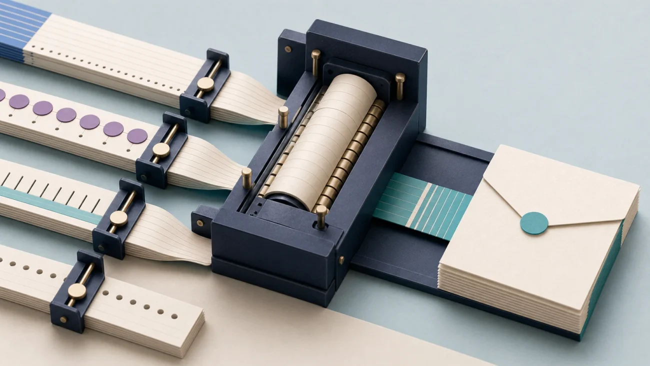 Tactile editorial illustration: Payroll converts time, pay rules, deductions and benefits into one exact employee payment packet without losing any input along the way.