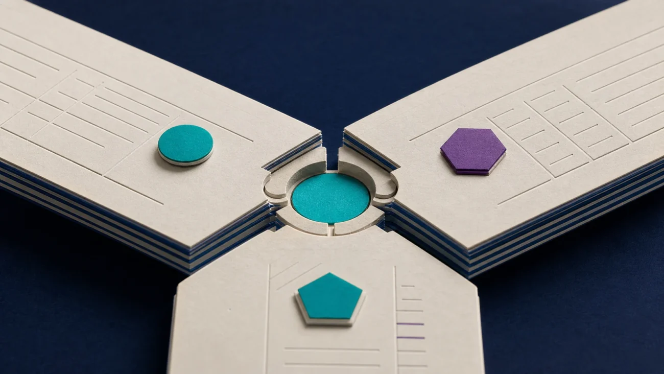 Tactile editorial illustration: A senior accountant owns the difficult intersections of close, reconciliation and review, represented by a complex ledger joint that clicks into exact alignment.