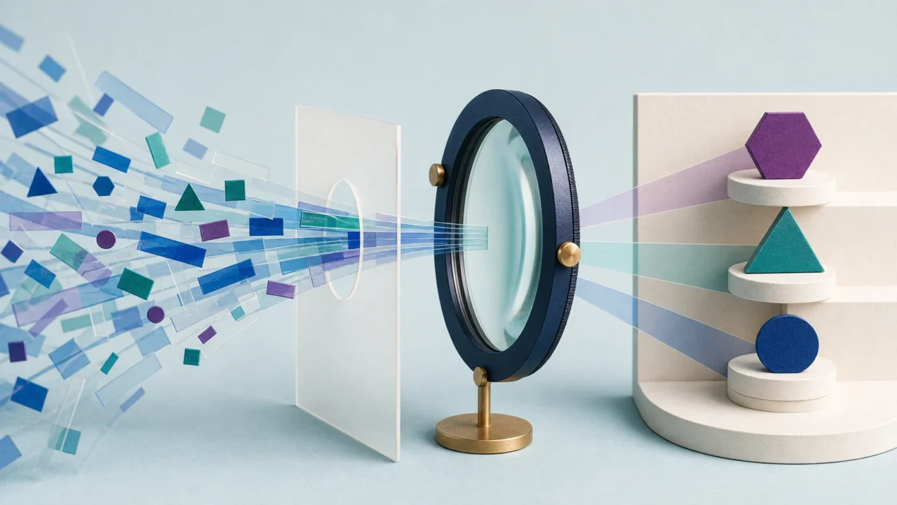 Tactile editorial illustration: A financial analyst turns a dense field of raw business signals into a small set of useful scenarios through one disciplined analysis lens.