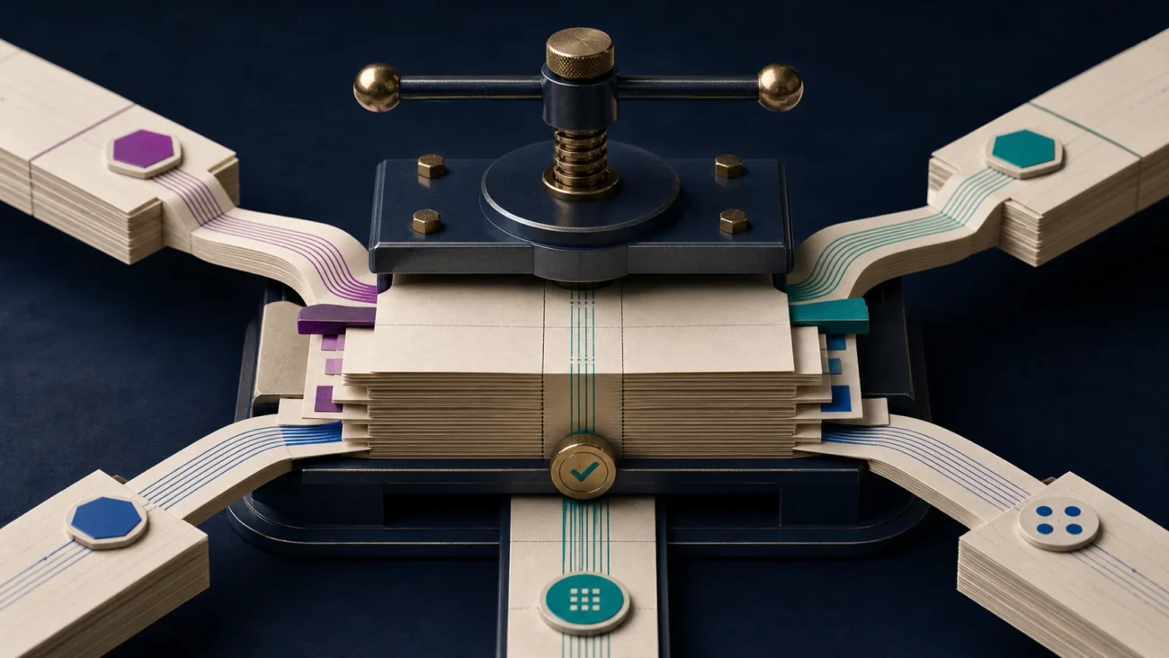 Tactile editorial illustration: A controller’s close-and-control system aligns ledgers, reconciliations, reporting and compliance into one locked, accurate financial record.