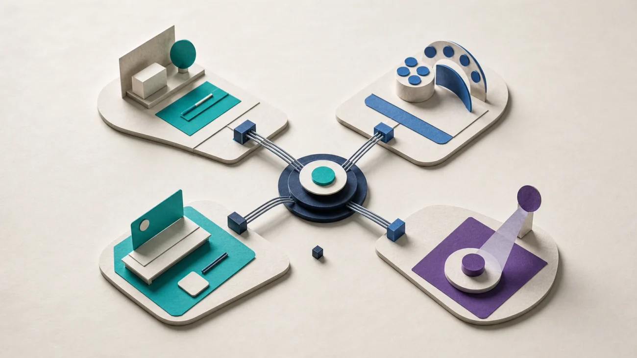 Tactile editorial illustration: Fully remote work is shown as a carefully engineered exchange between autonomy, communication, focus and visibility rather than a generic laptop scene.