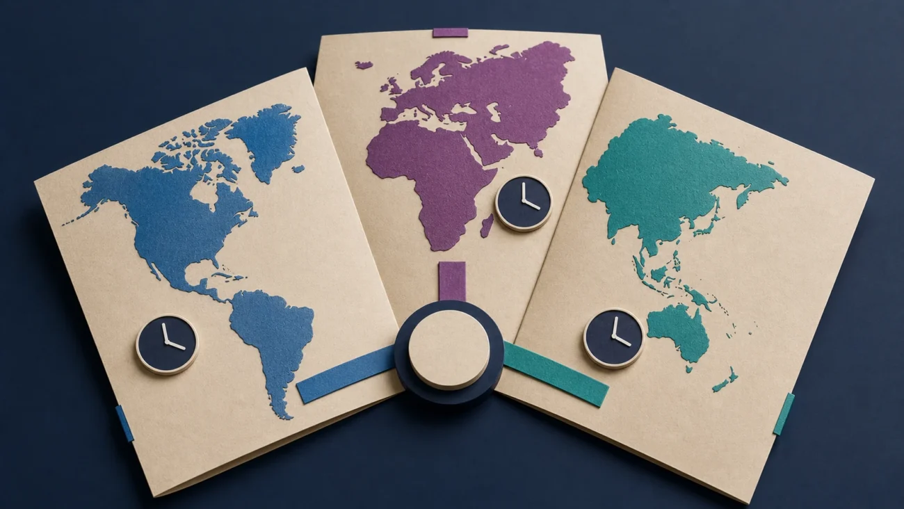 Tactile editorial illustration: Recruiting across EMEA, APAC and the Americas is a three-part operating atlas balancing time zones, market context and consistent hiring standards.