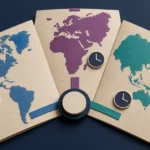 Tactile editorial illustration: Recruiting across EMEA, APAC and the Americas is a three-part operating atlas balancing time zones, market context and consistent hiring standards.