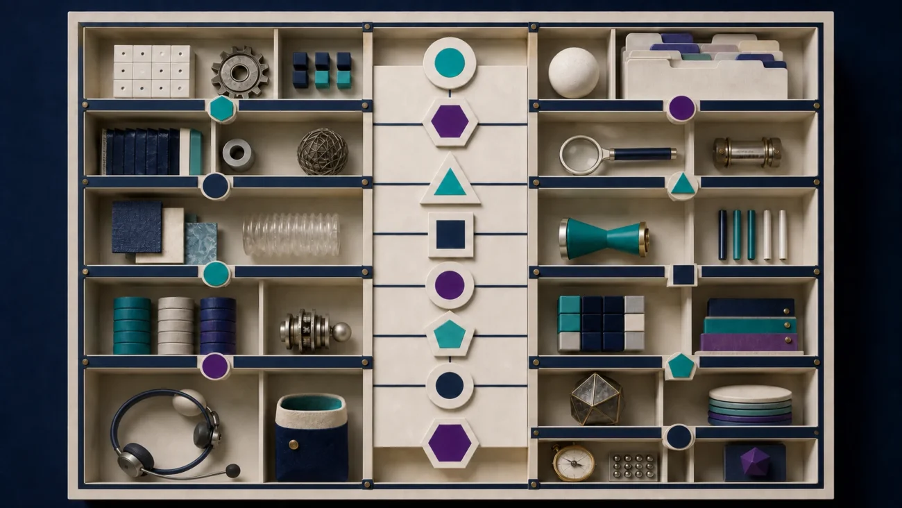 Tactile editorial illustration: The breadth of SaaS work is organised as a role-taxonomy cabinet, with distinct functional families for sales, customer success, product, engineering, marketing, operations, finance and people.