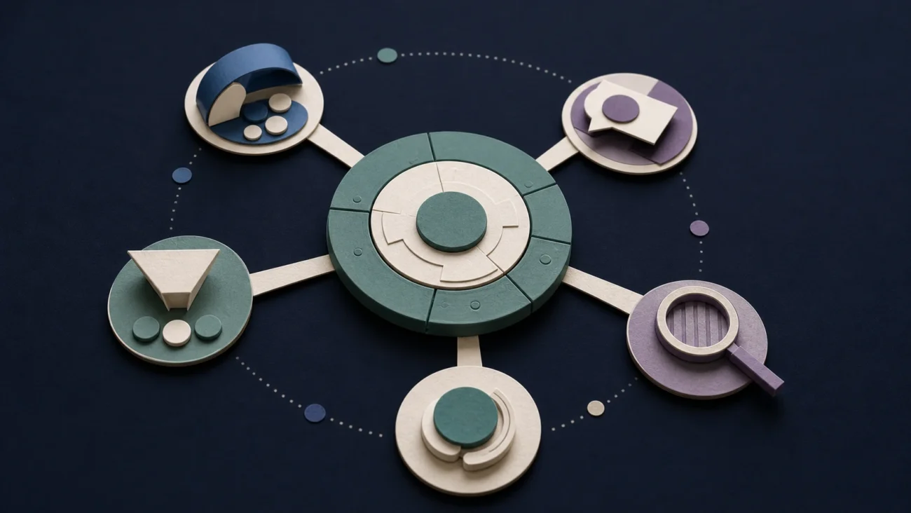 Tactile editorial illustration: A mature SaaS talent-acquisition system coordinates planning, sourcing, assessment, candidate care and closing as distinct instruments around one operating cadence.