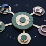 Tactile editorial illustration: A mature SaaS talent-acquisition system coordinates planning, sourcing, assessment, candidate care and closing as distinct instruments around one operating cadence.