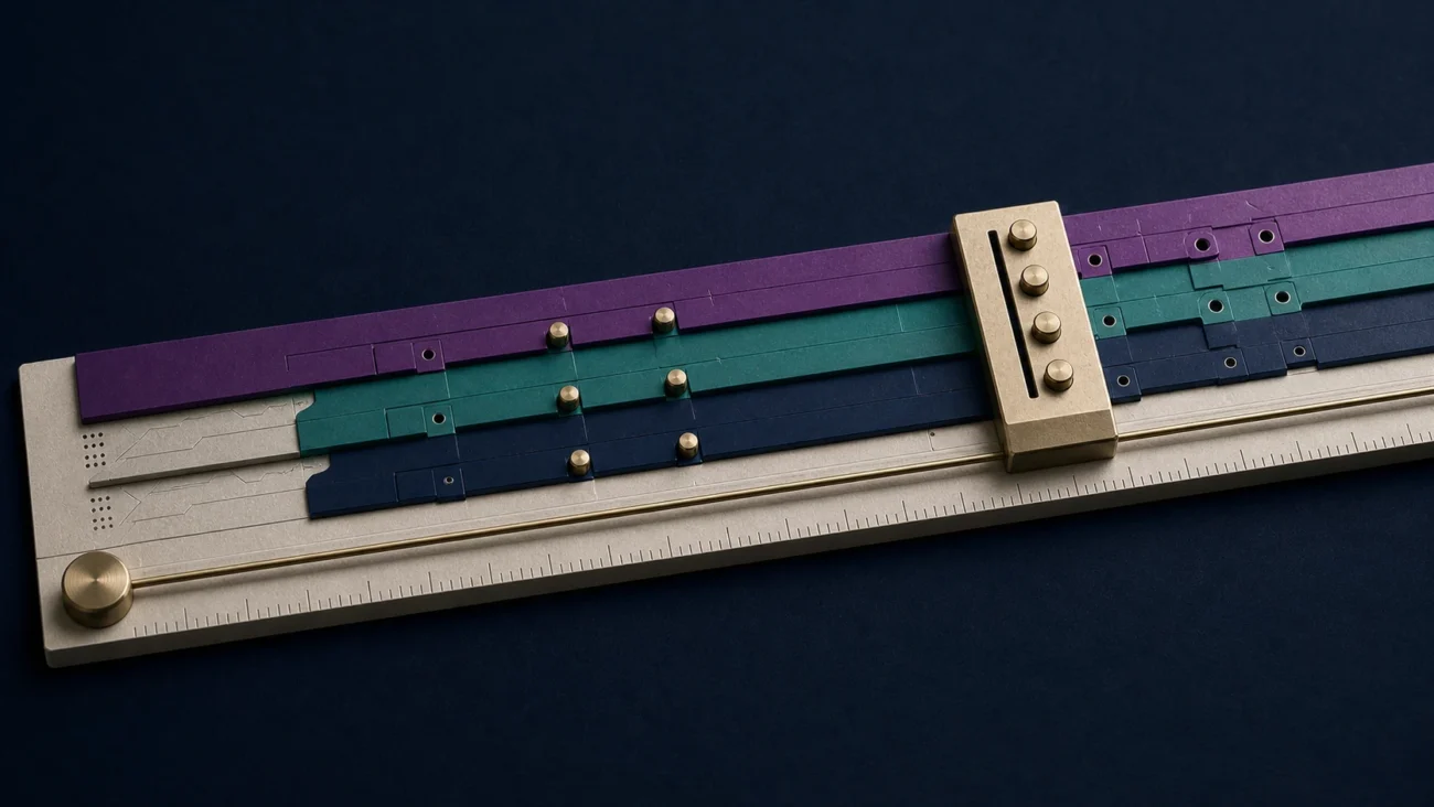 Tactile editorial illustration: Software-engineering compensation grows through a layered combination of technical depth, ownership, system impact and leadership, shown as a precision band instrument without values.