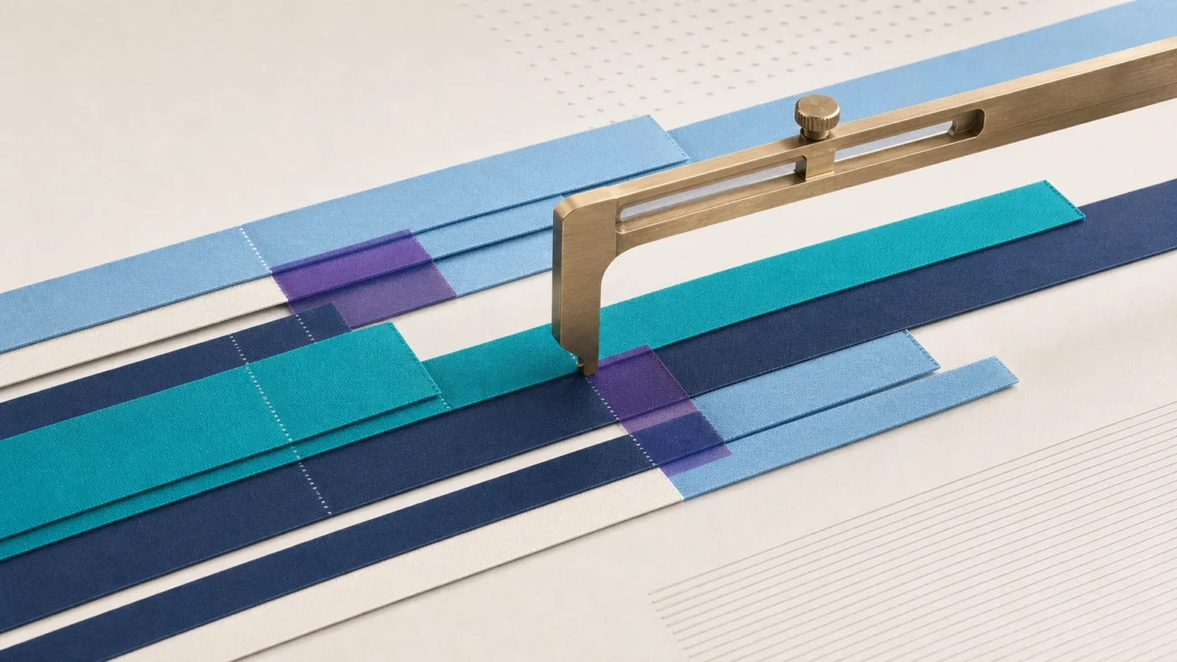 Tactile editorial illustration: The SaaS salary landscape is represented by several physically calibrated compensation bands whose width, level and overlap can be compared without showing invented values.