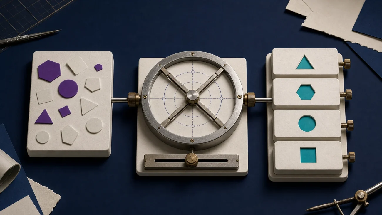 Tactile editorial illustration: An early-stage founder’s vague AI hiring request is recalibrated into a precise role instrument separating research, engineering, product and deployment ownership.