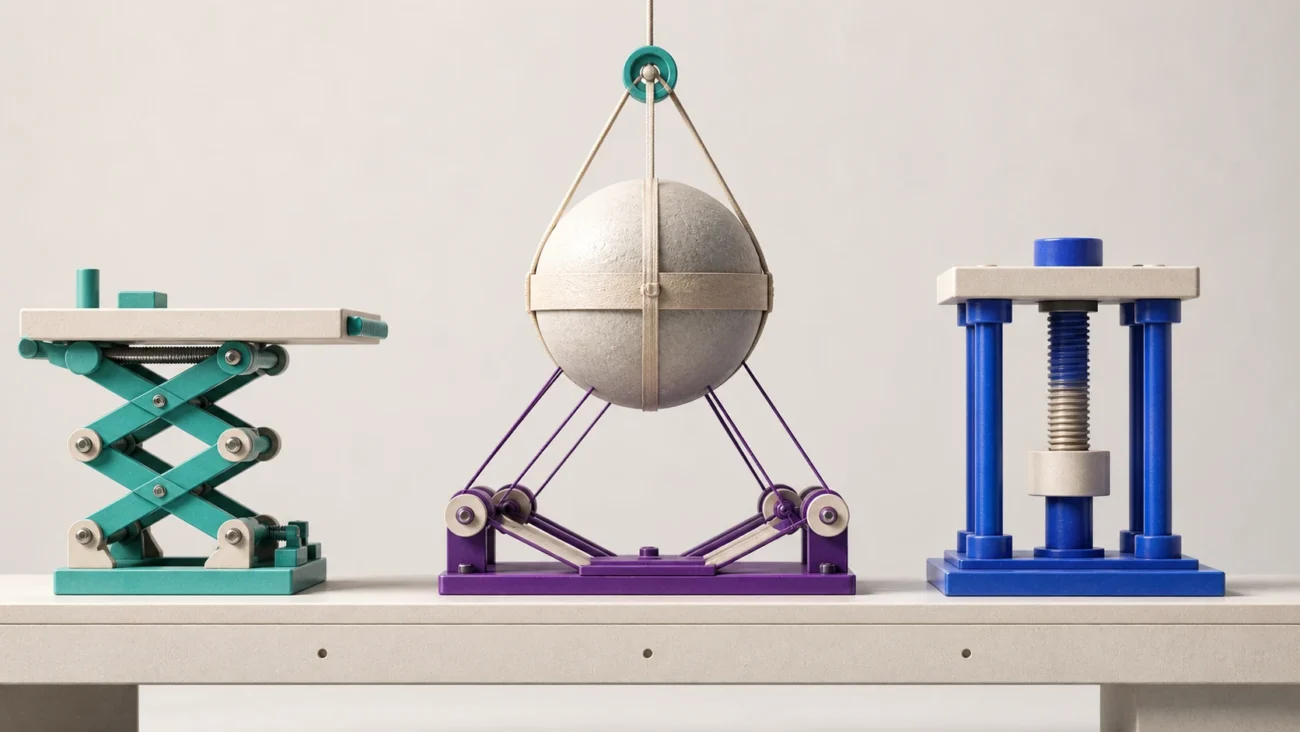 Tactile editorial illustration: Embedded talent, agency support and in-house hiring are represented as three genuinely different operating rigs tested under the same scaling load.