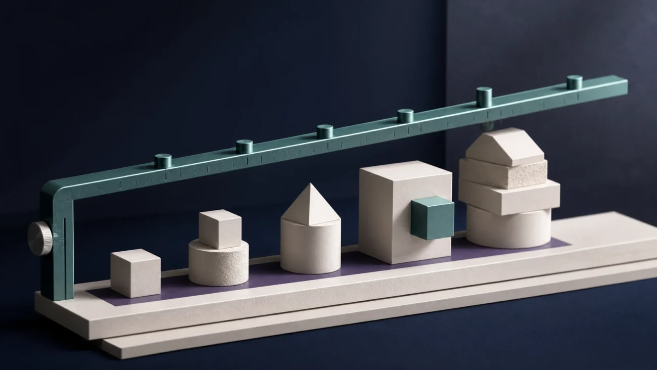 Tactile editorial illustration: A solid SaaS product structure passes beneath an AI calibration bar that raises the standard for usefulness, differentiation and execution rather than destroying the category.