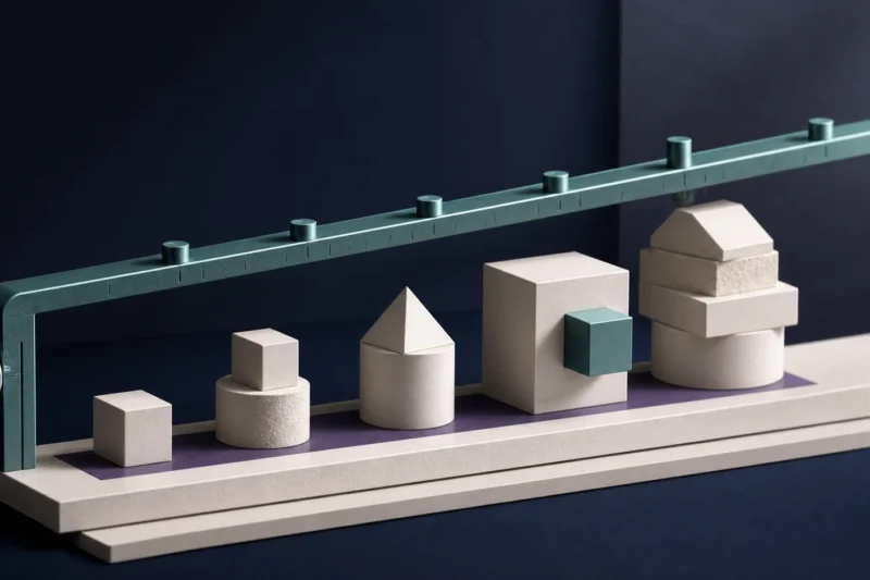 Tactile editorial illustration: A solid SaaS product structure passes beneath an AI calibration bar that raises the standard for usefulness, differentiation and execution rather than destroying the category.