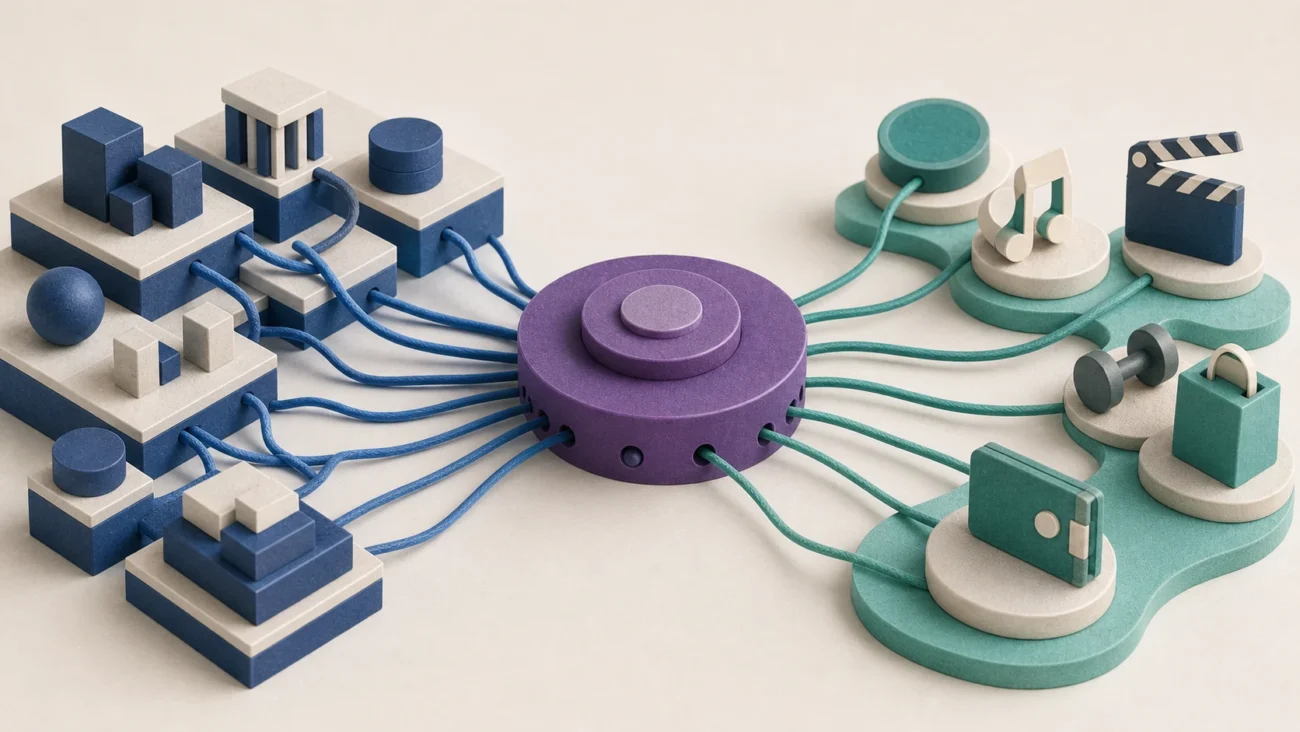 Tactile editorial illustration: B2B and B2C SaaS are two different market systems built around the same service core: one connects to complex organisations, the other to many individual-use contexts, without depicting people.