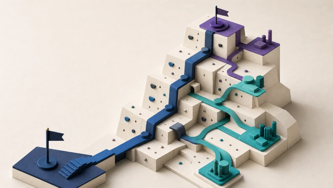 Tactile editorial illustration: A SaaS sales career is a branching but connected progression from prospecting through closing, leadership and specialist routes, represented as a physical climbing rig.