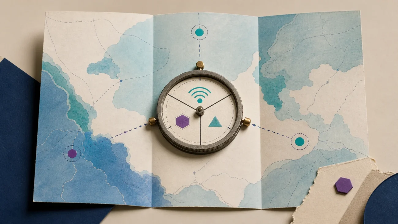 Tactile editorial illustration: A remote SaaS sales role is located by aligning territory, sales motion and work-location flexibility on one foldable field instrument.