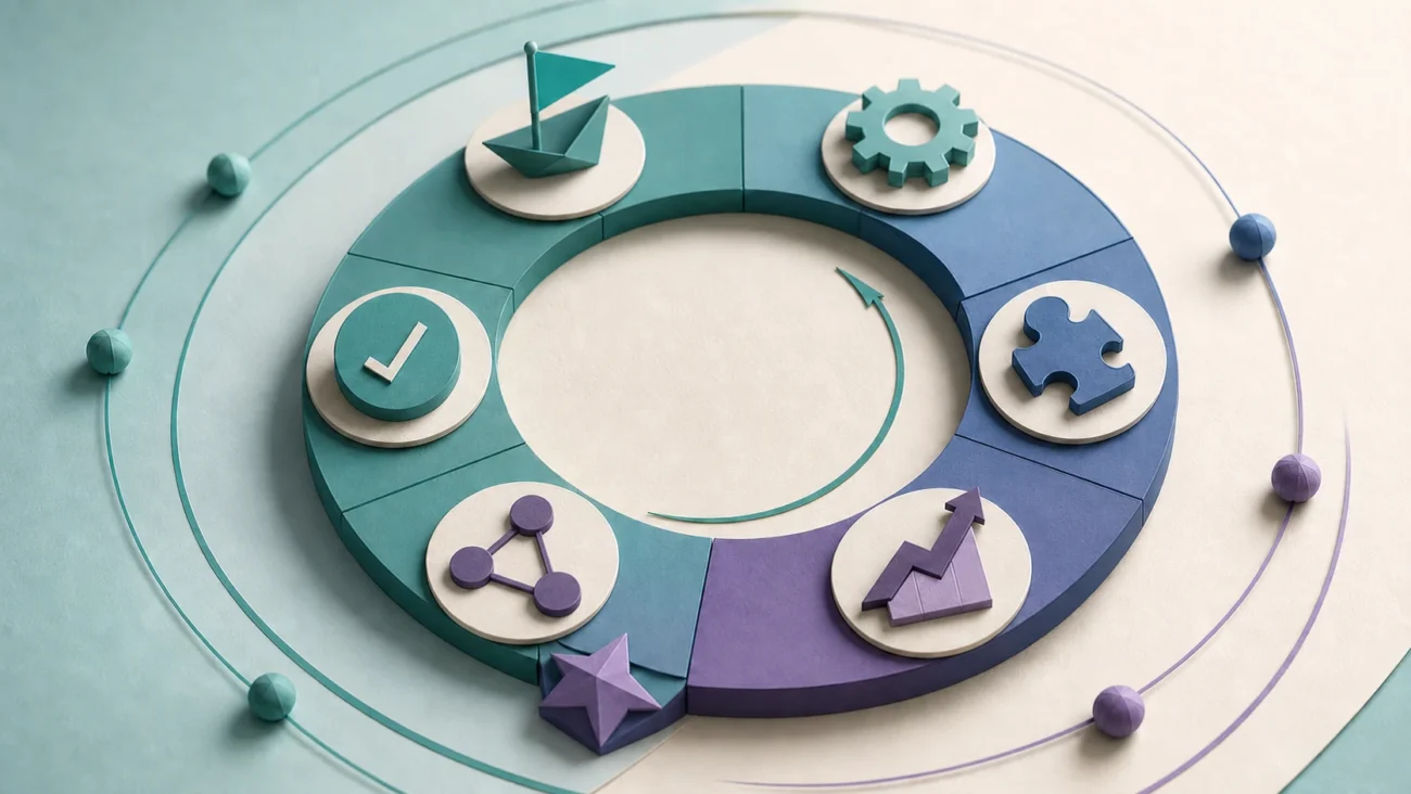 Tactile editorial illustration: Customer-success career roles occupy different positions around a physical lifecycle ring, from onboarding and adoption to renewal, expansion and leadership.