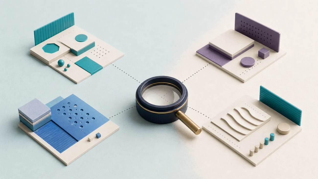 Tactile editorial illustration: A product-career selection lens compares discovery depth, delivery ownership, technical context and customer proximity so the right role becomes clear.