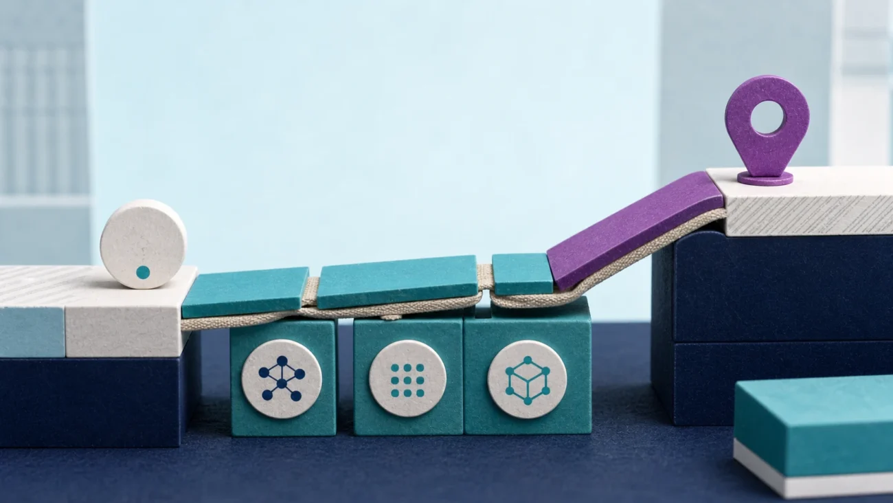 Tactile editorial illustration: A small blank entry token crosses into SaaS by building a bridge from transferable-skill blocks rather than presenting a prior-experience credential.