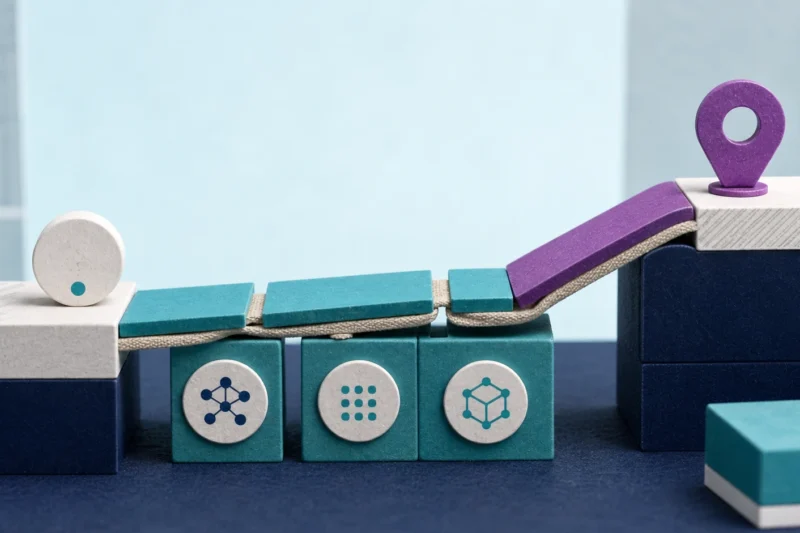 Tactile editorial illustration: A small blank entry token crosses into SaaS by building a bridge from transferable-skill blocks rather than presenting a prior-experience credential.