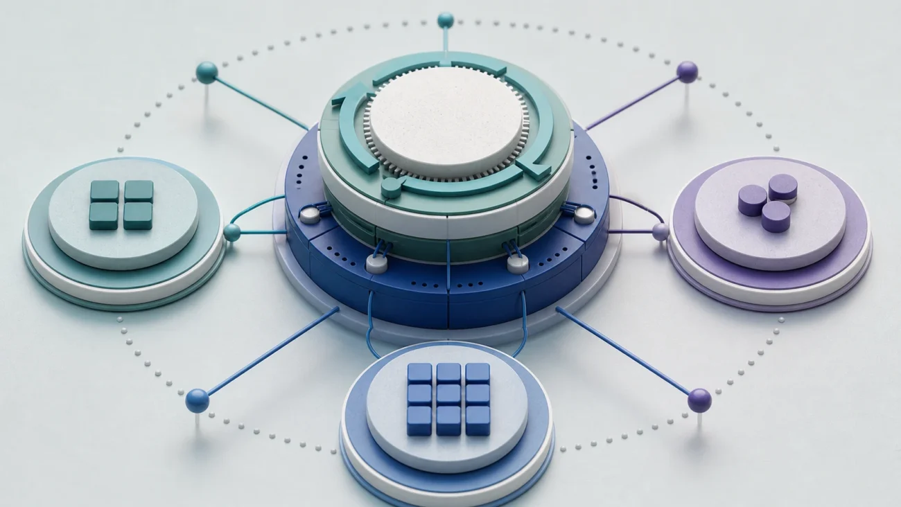 Tactile editorial illustration: A SaaS company delivers a continuously maintained software service through a connected relationship between product, infrastructure, subscription and customer access.
