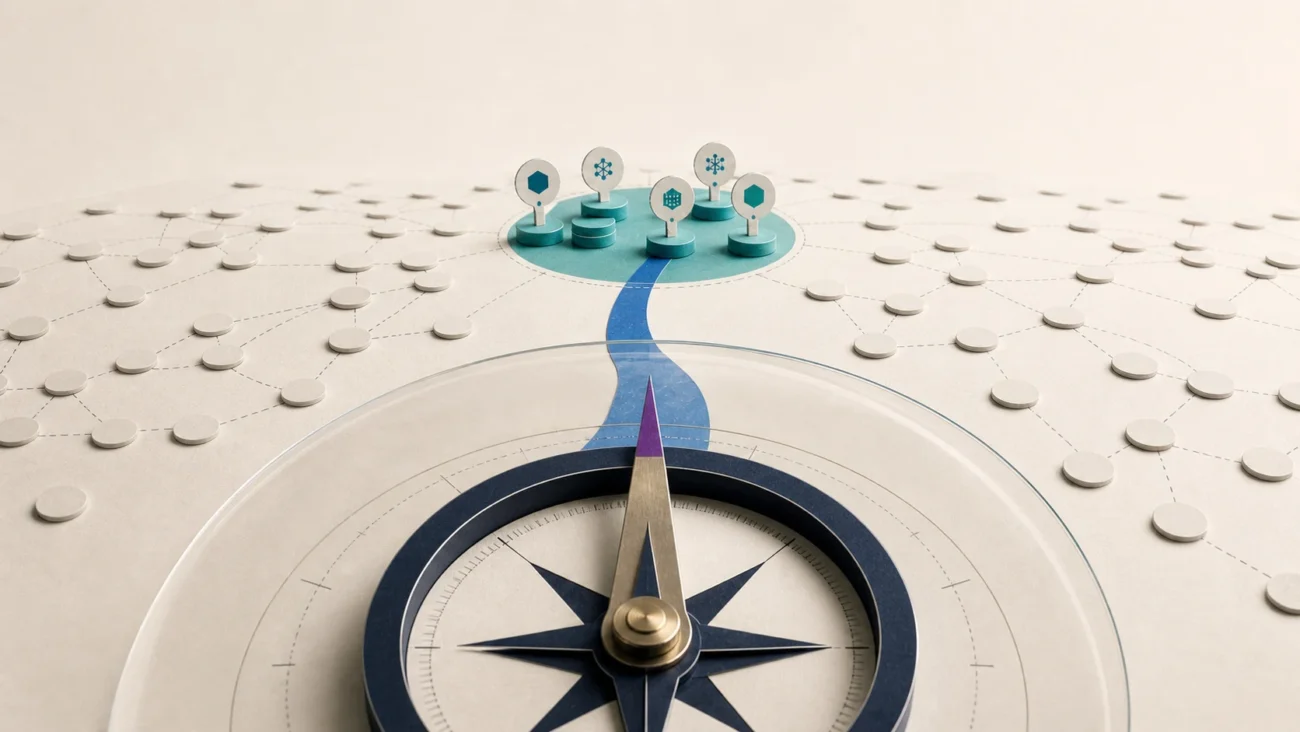 Tactile editorial illustration: A candidate navigation instrument ignores a wide field of generic vacancy noise and locks onto a compact cluster of genuinely SaaS-specific role signals.