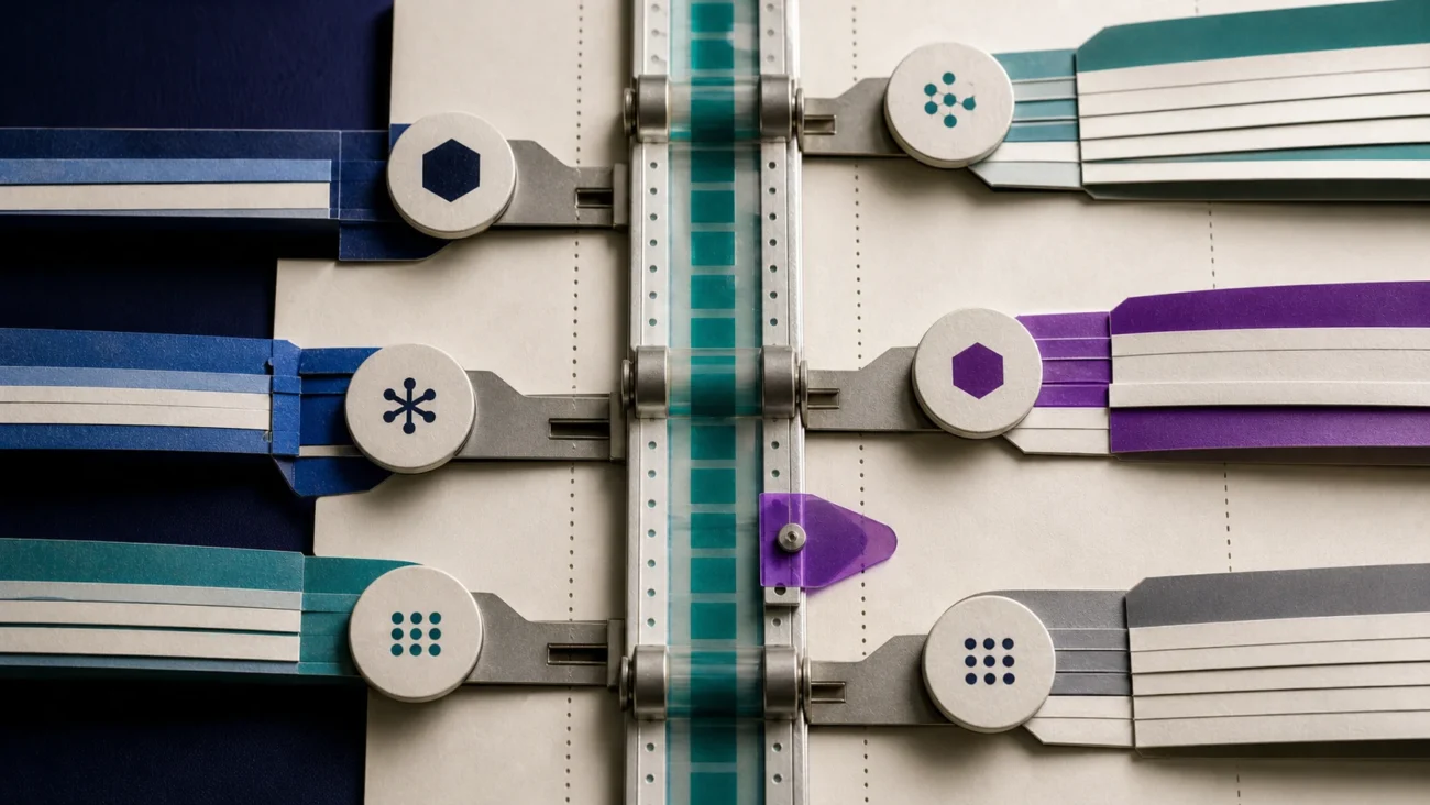 Tactile editorial illustration: Job-distribution ports feed a central tracking spine that records movement through an applicant system without pretending the tool creates candidate quality by itself.
