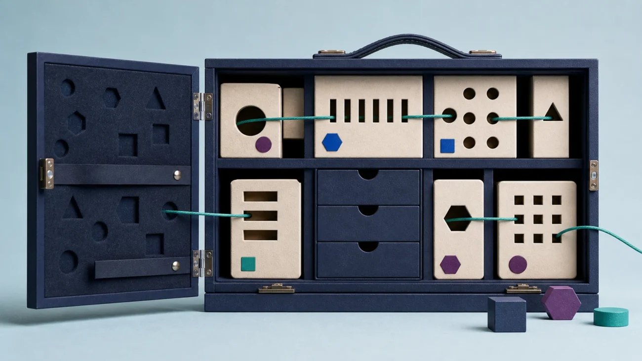 Tactile editorial illustration: A hiring-tool cabinet contains separate tracking, scheduling, sourcing and assessment modules, while one uninterrupted candidate-quality thread passes through all of them.