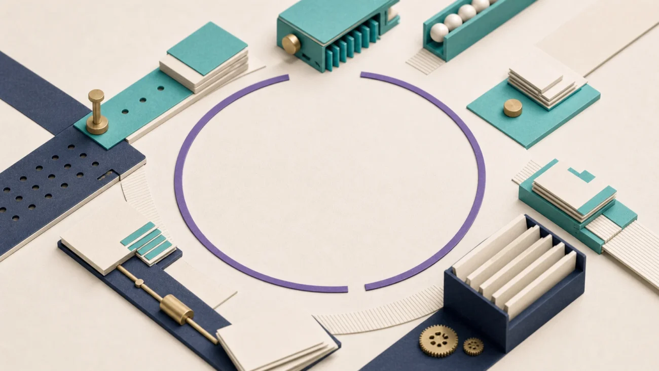 Tactile editorial illustration: Recruitment software modules handle repeatable administrative work along the edge of a process, while a deliberate open judgement space remains at the centre.