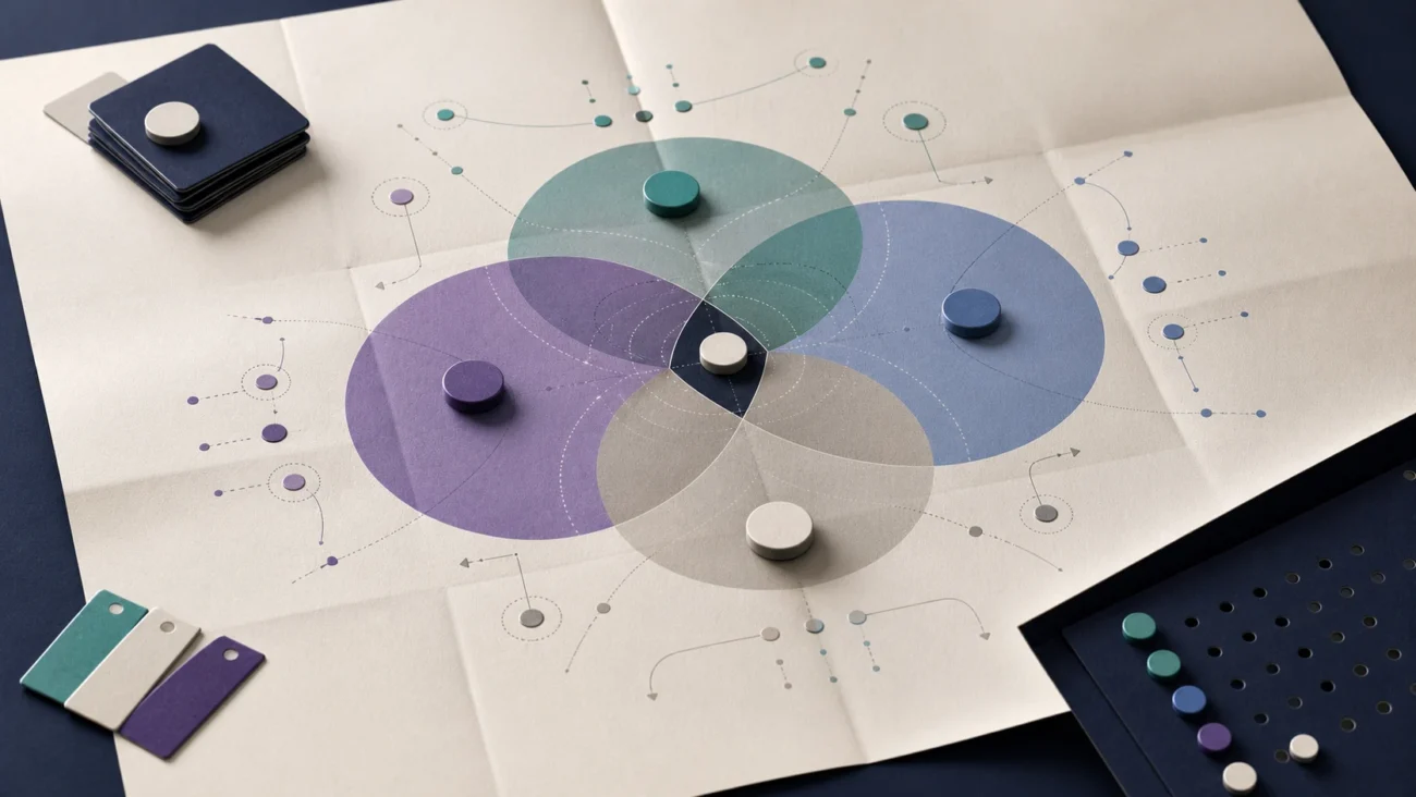 Tactile editorial illustration: A scaling company’s hiring strategy is represented as a portfolio map aligning business stage, critical role families, channel mix and team capacity on one decision surface.