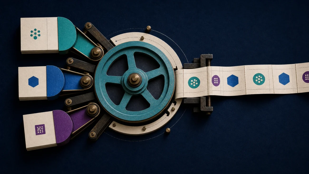 Tactile editorial illustration: A physical hiring-demand engine turns useful company content, clear role briefs and specialist distribution into recurring candidate attention across several cycles.