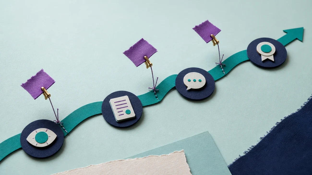 Tactile editorial illustration: A candidate journey ribbon passes through a sequence of hiring touchpoints; small friction snags are physically lifted away so the ribbon remains continuous and respectful.
